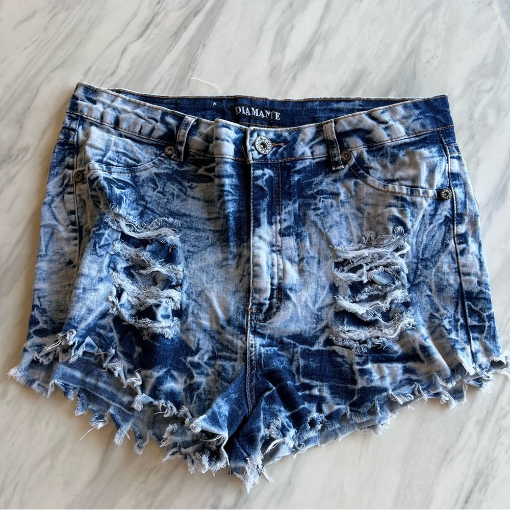 Blue and white acid wash “denim” shorts with distressed details